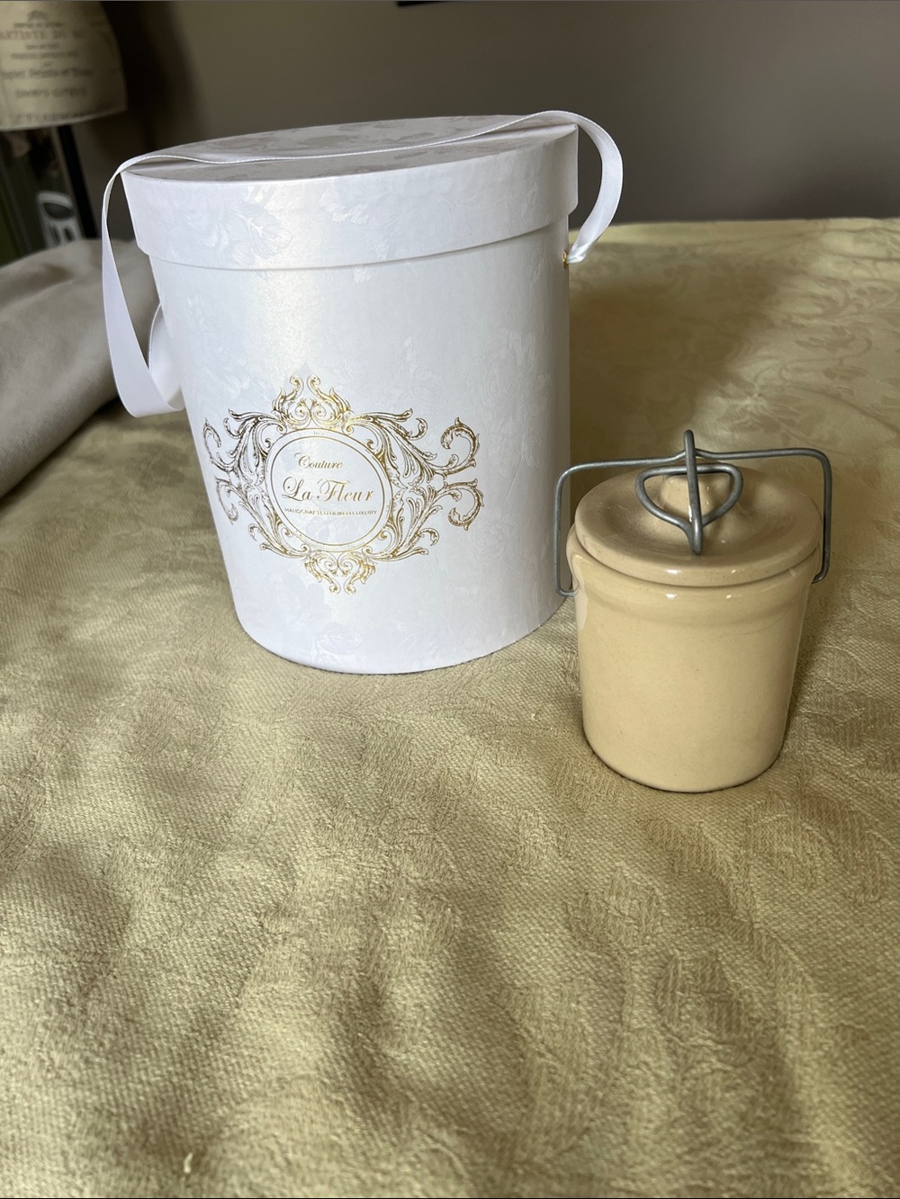 Vintage crock with lid and small hatbox